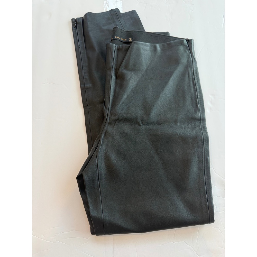 Zara Basic Black Faux Leather Leggings High Rise Ankle Zip Pants Womens Large